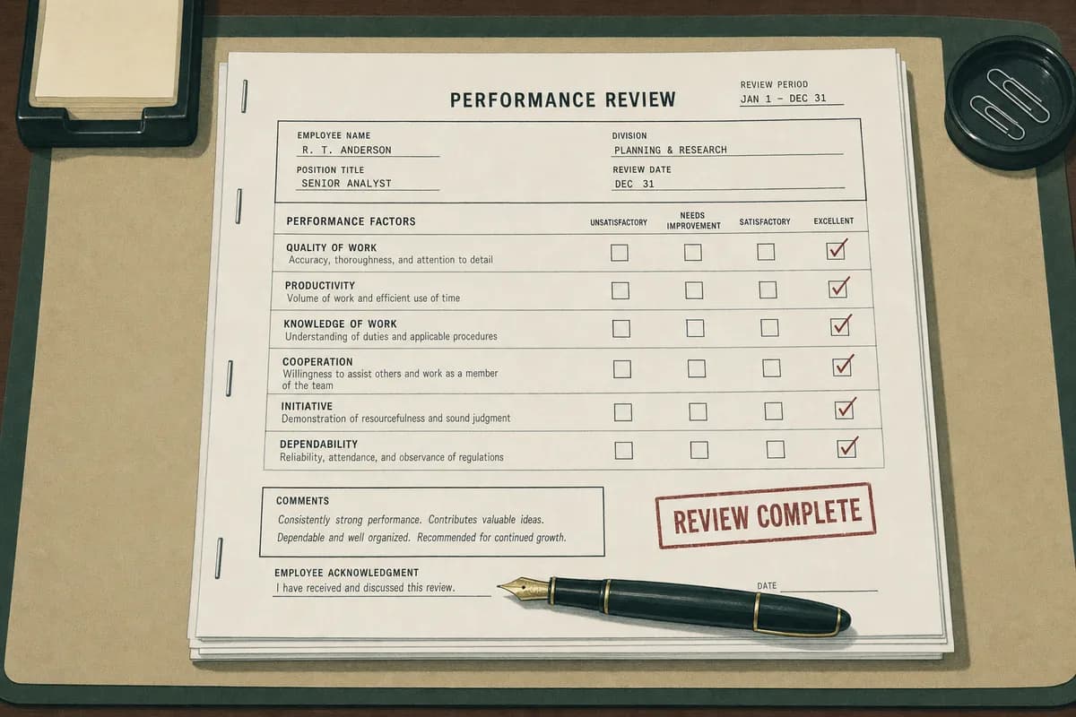 A multi-page performance review form on a desk, rating boxes checked down the margin, with a pen resting on the signature line.