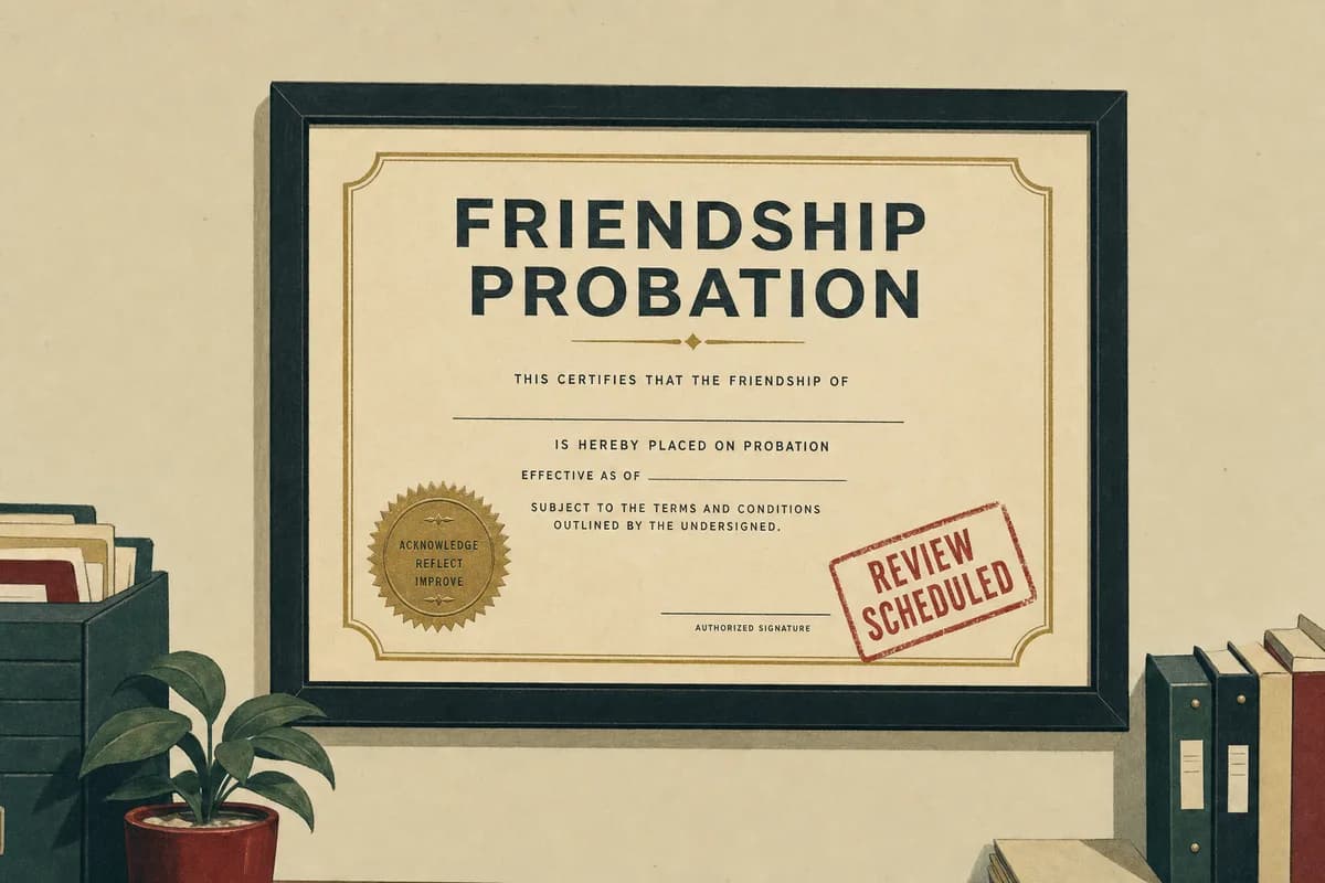 A framed, gilt-bordered certificate titled Friendship Probation, with an embossed seal and a red stamp reading Review Scheduled.