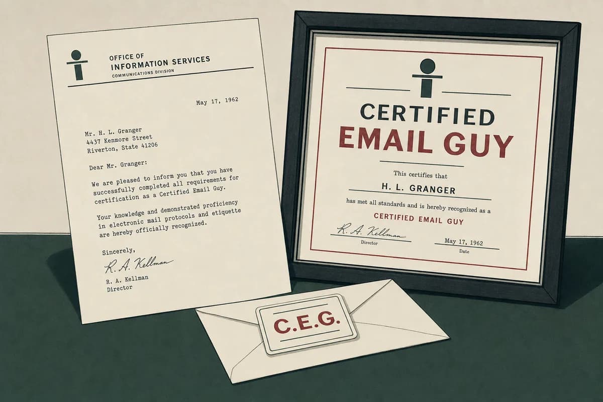 An accreditation letter on letterhead beside a framed certificate reading Certified Email Guy, with a wallet card lettered C.E.G.
