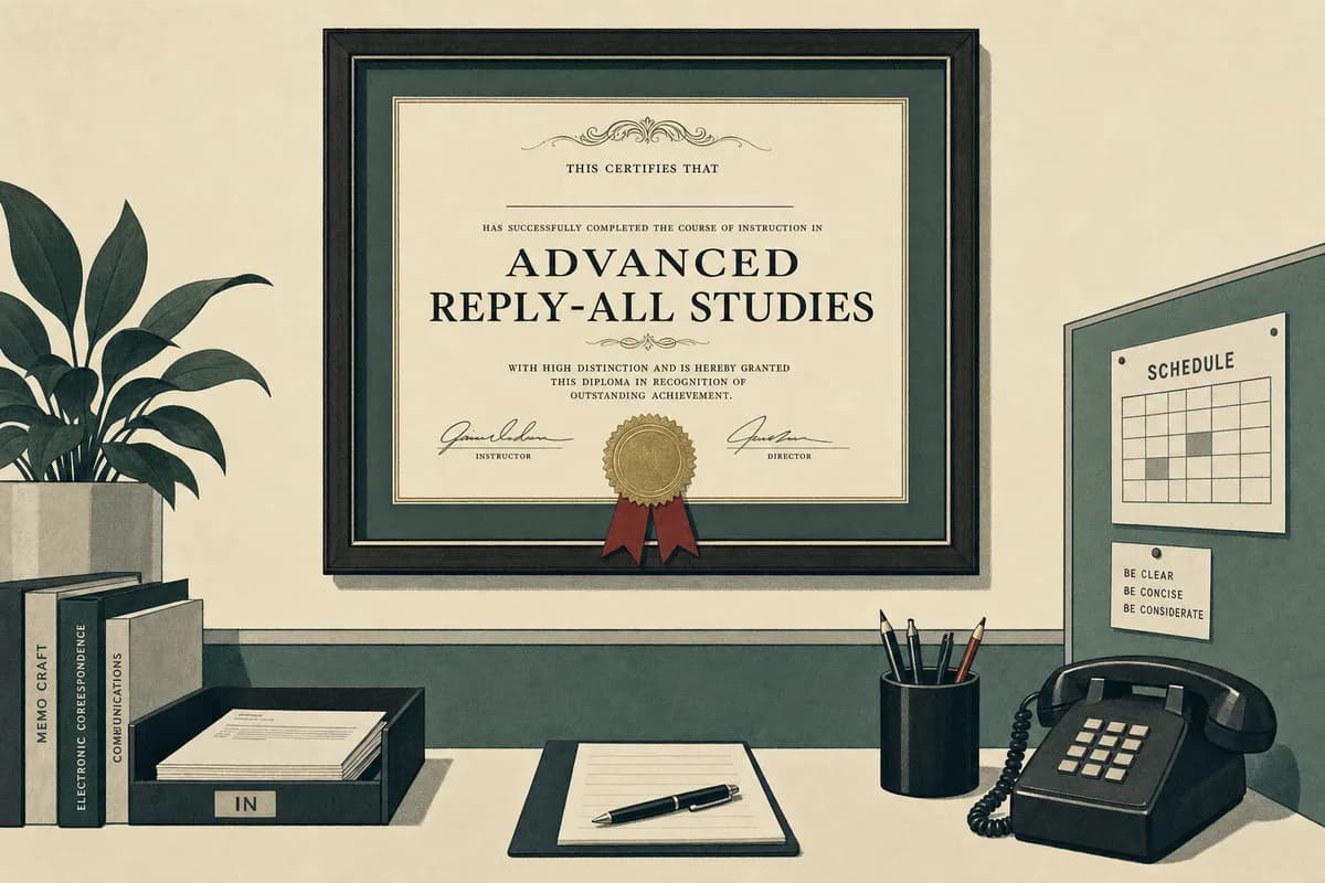 A framed diploma reading Advanced Reply-All Studies with a foil seal and ribbon, hung above an office desk.