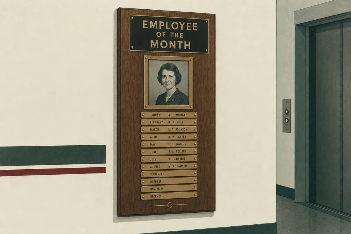 An oak Employee of the Month wall plaque with a column of small brass nameplates, mounted in an office hallway.