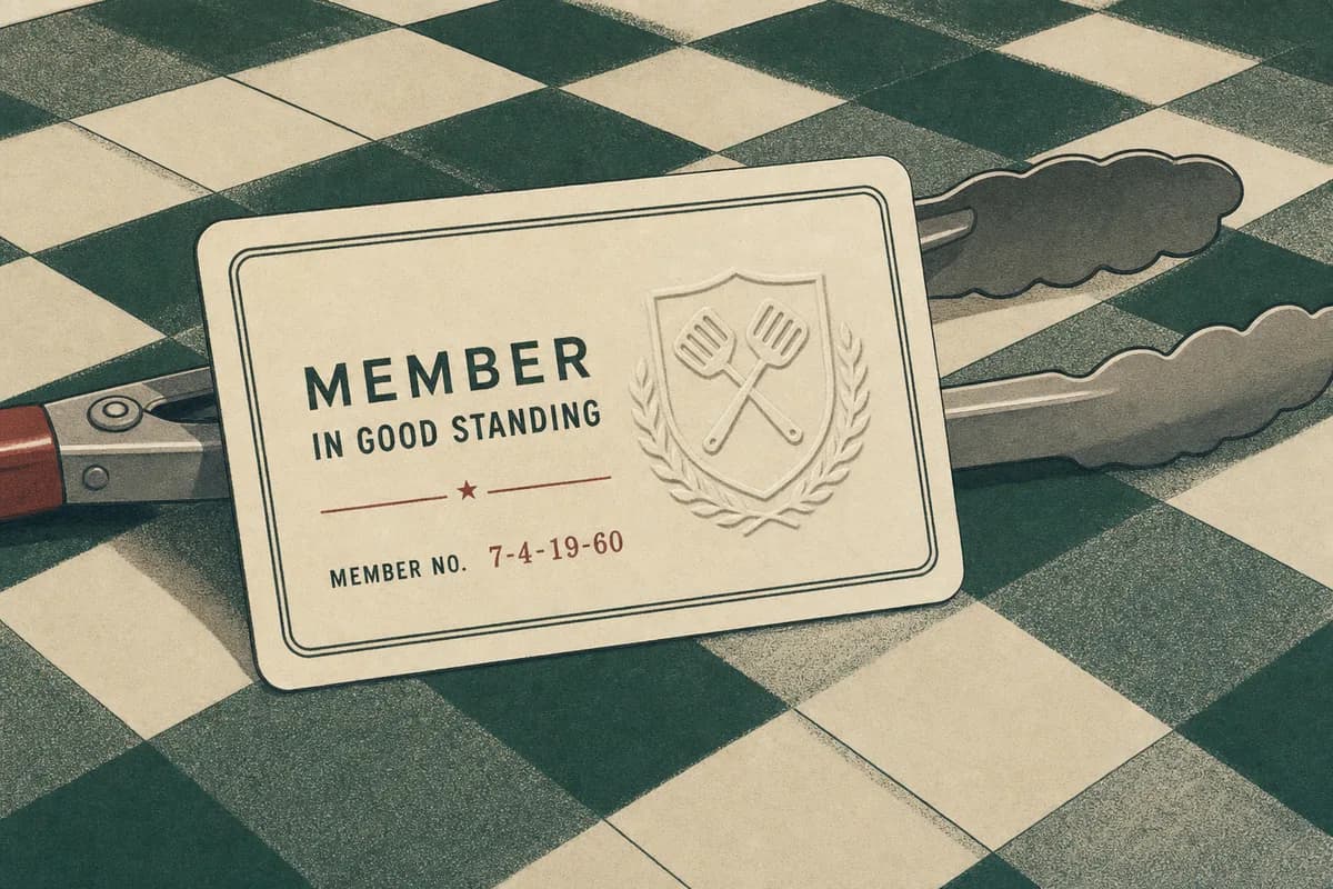 A wallet-sized membership card reading Member in Good Standing, propped against grill tongs on a picnic table.