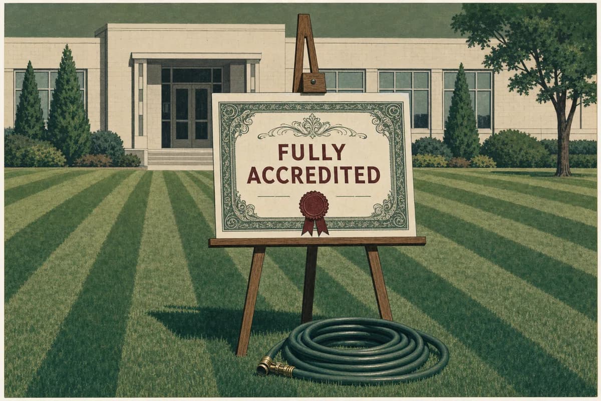 An accreditation certificate displayed on a wooden easel in the middle of a striped front lawn, reading Fully Accredited.