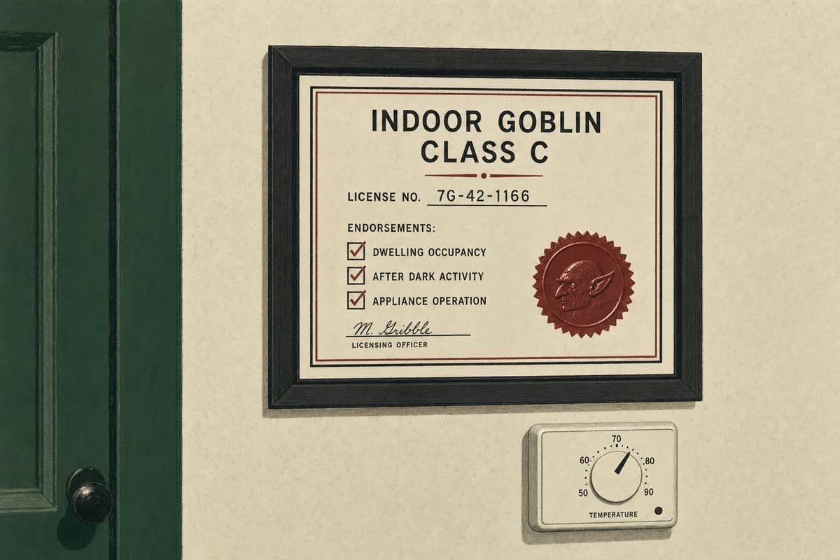 A framed license reading Indoor Goblin, Class C, displayed on a wall beside a thermostat.
