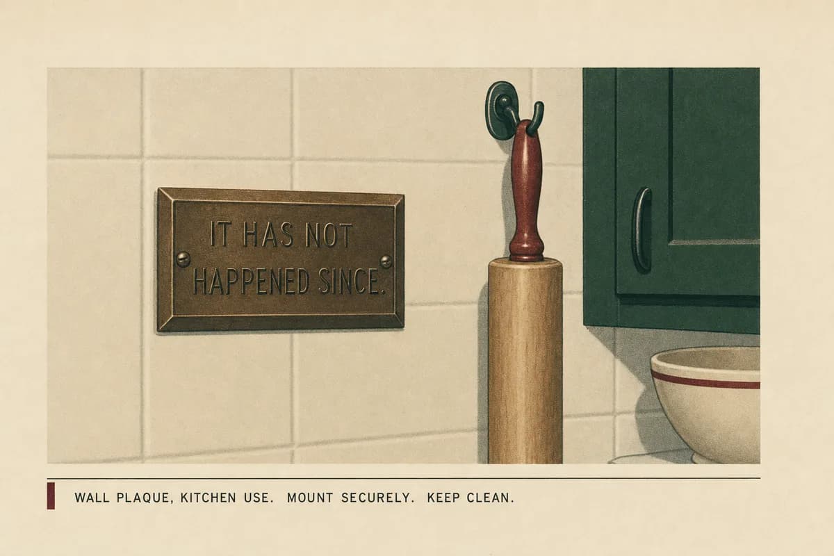 A small bronze plaque mounted on a kitchen wall beside a hanging rolling pin, engraved with several lines of text.