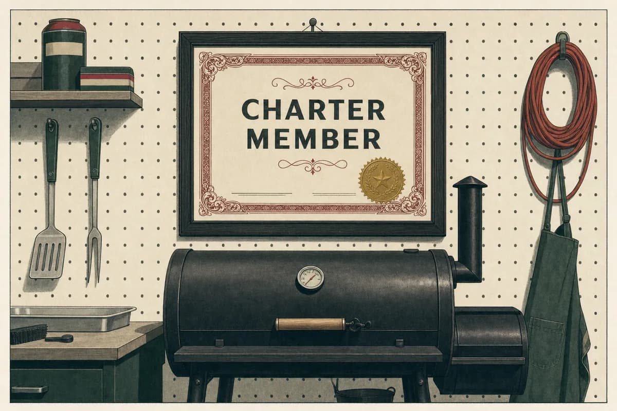 A framed membership certificate hanging on a garage pegboard wall above a single barrel smoker, with a gold foil seal.