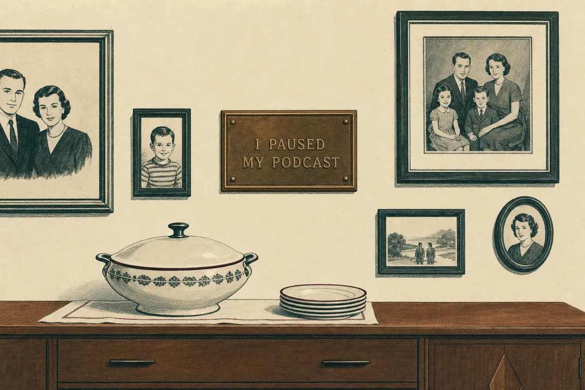 A small bronze commemorative plaque mounted on a dining room wall among framed family photographs, engraved I Paused My Podcast.