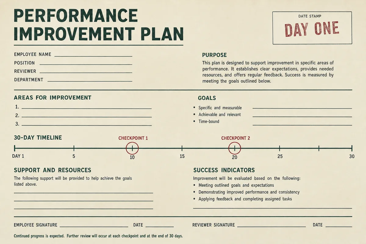 A performance improvement plan document with a thirty-day timeline drawn as a horizontal chart, two checkpoint dates circled in red.