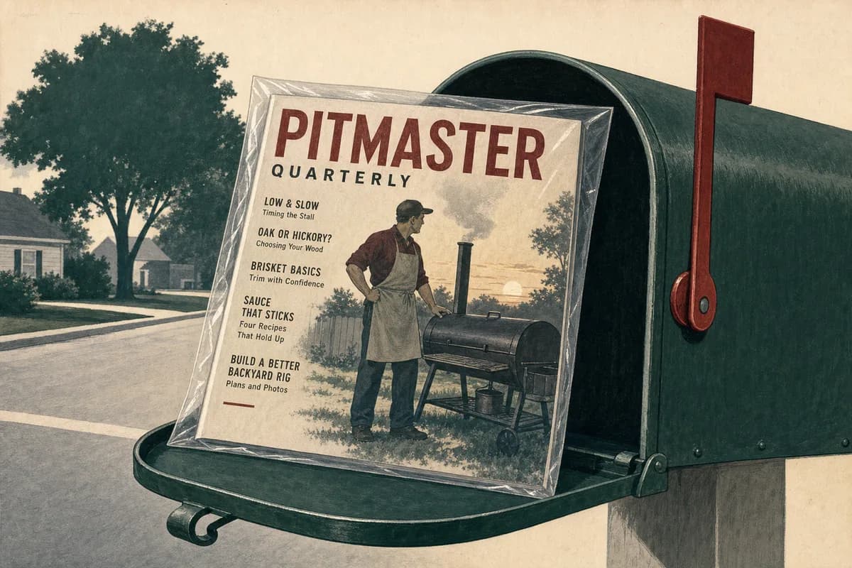 A glossy trade magazine in a clear mailing sleeve protruding from a curbside mailbox, its cover showing a man in an apron beside a backyard smoker at dawn under the masthead Pitmaster Quarterly.