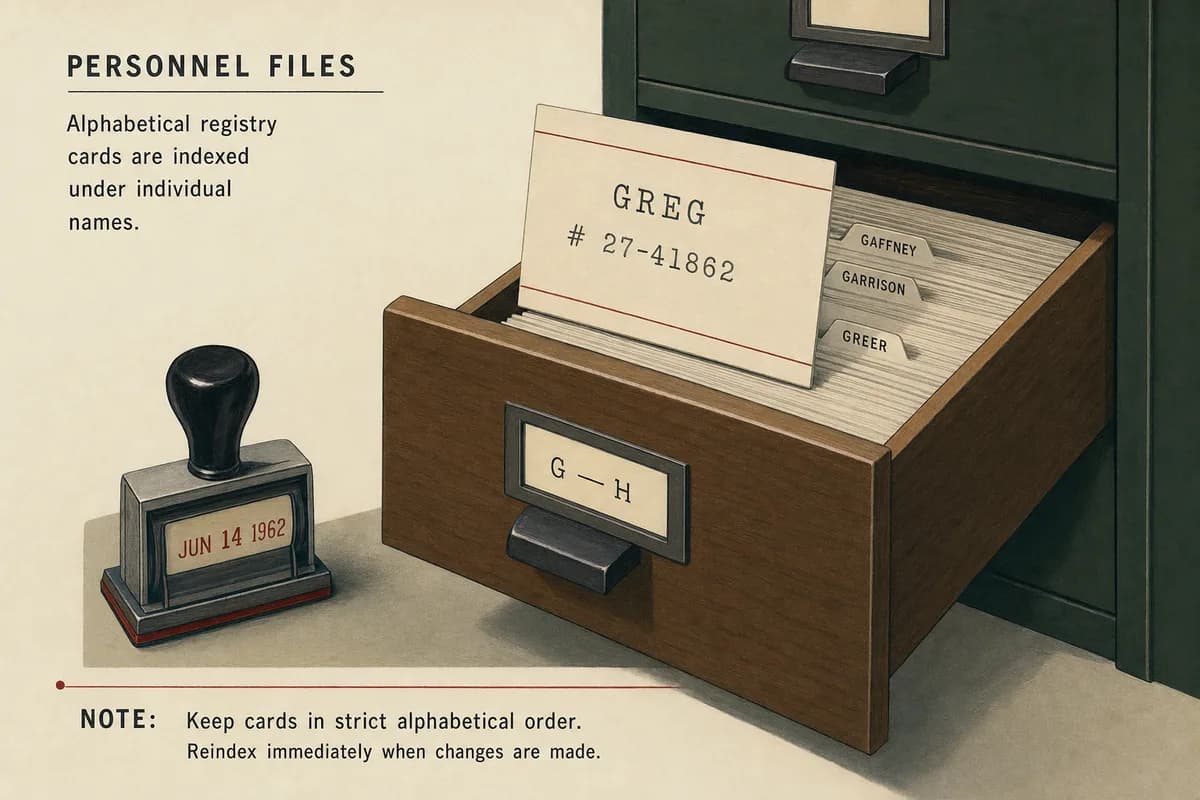An open card-catalog drawer with one index card raised above the rest, reading Greg, with a registry number beneath.
