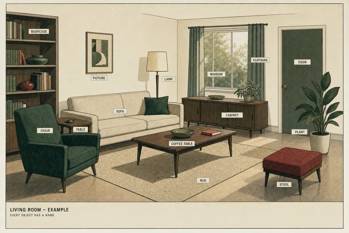 A living room where small white printed labels name every object: the lamp reads LAMP, the door reads DOOR, and a potted plant reads PLANT.