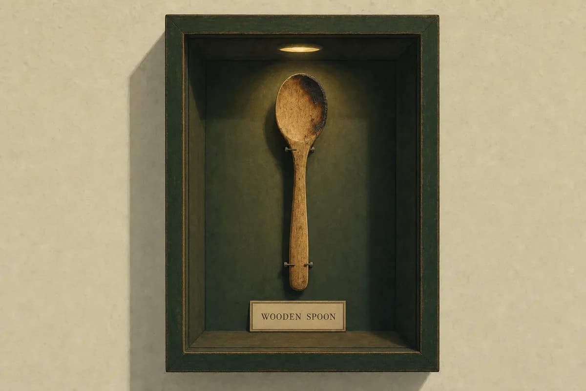 A worn wooden kitchen spoon displayed upright in a glass-front shadow box, with a small serif provenance placard beneath it.