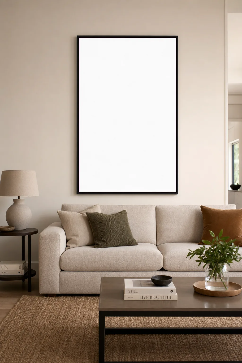 A living room with a large blank framed canvas above the sofa