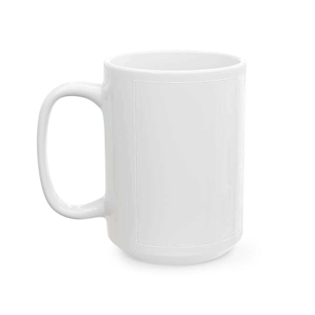 The mug, blank and unprinted, handle to the left